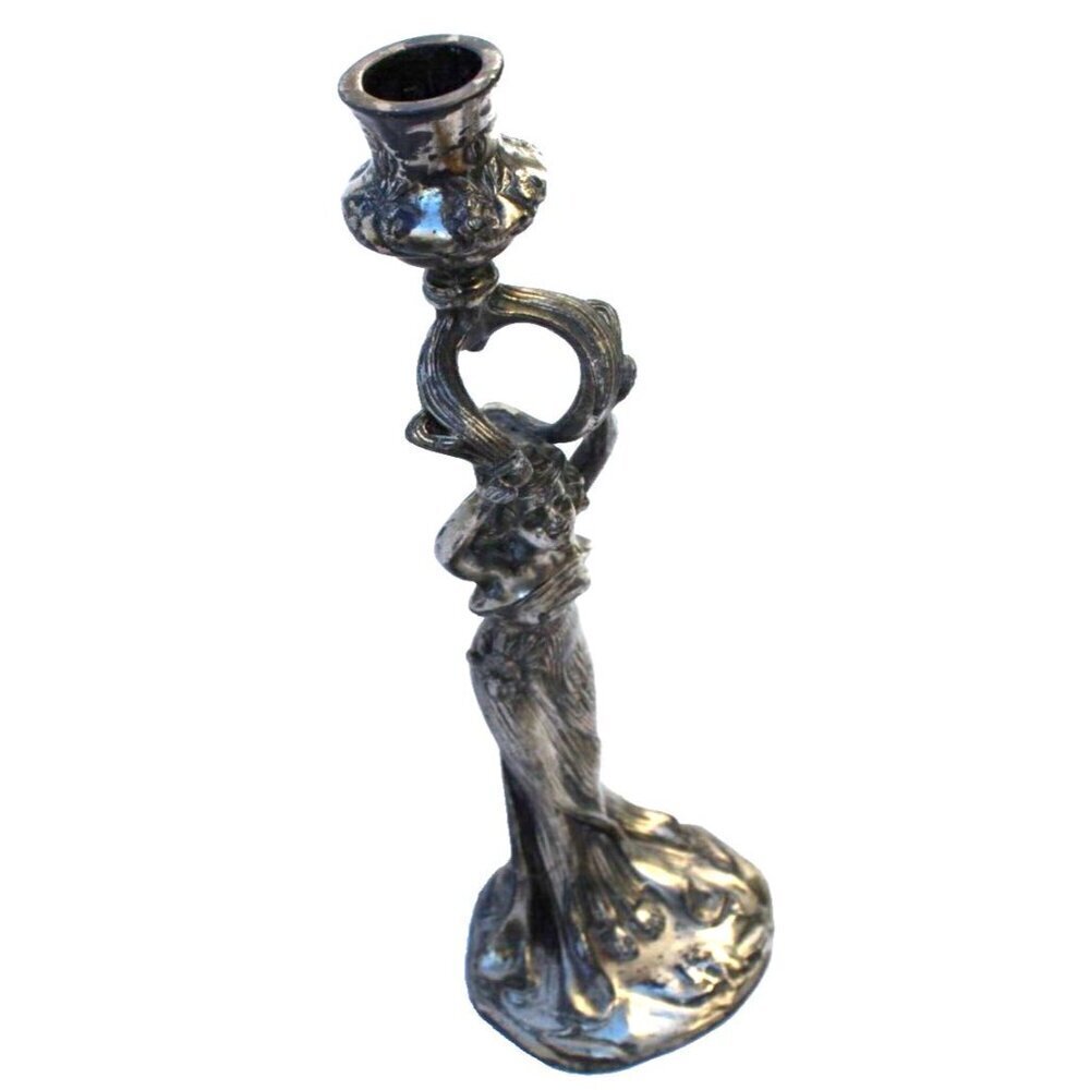 Antique Cast Metal / Spelter Art Nouveau Woman Candlestick Standing Candleholder - Picture 2 of 5